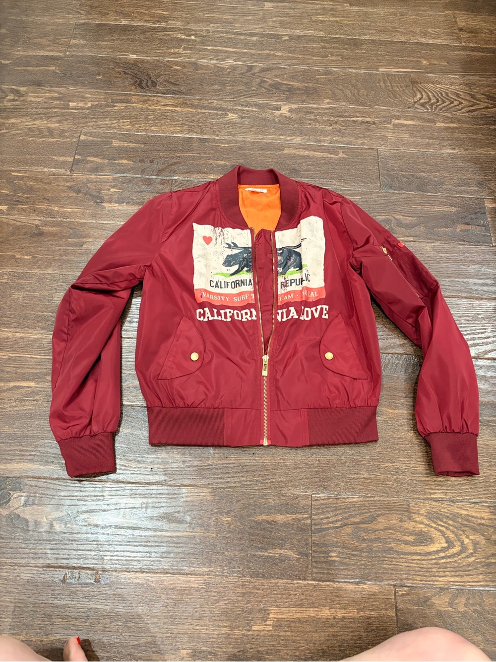 Maroon Bomber Jacket with Graphic California Print